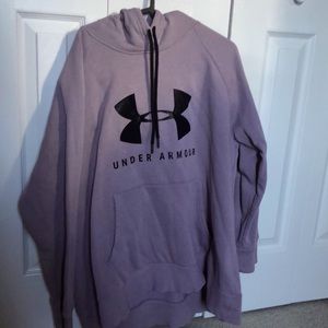 purple under armour hoodie with black lettering